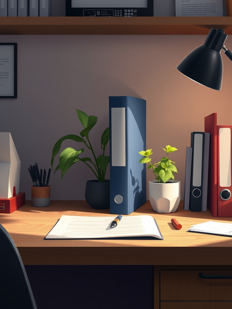 clean desk featuring just one binder, a plant, and a pen