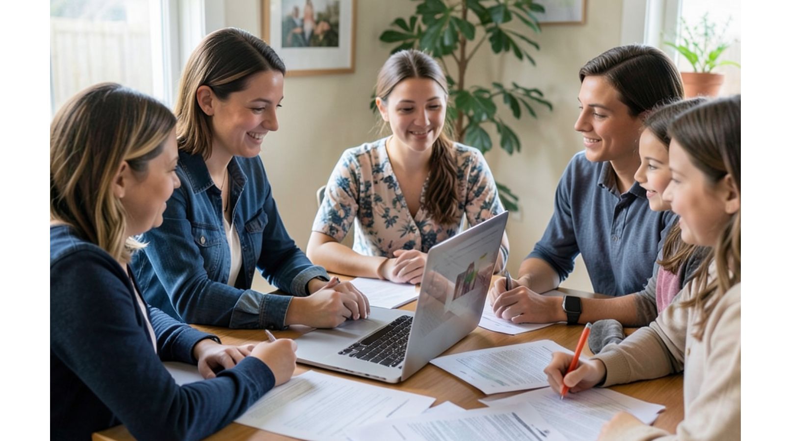 Family organizing important paperwork together at home